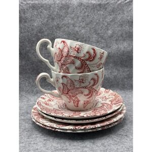 Johnson Bros Paisley Red Transferware Ironstone Tea Cups and Saucers Set of 5